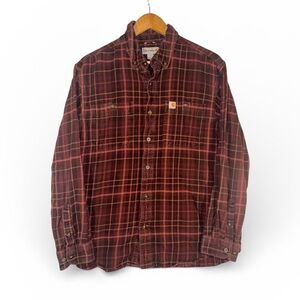 Carhartt Shirt Mens Medium Maroon Plaid Flannel Relaxed 100% Cotton Workwear
